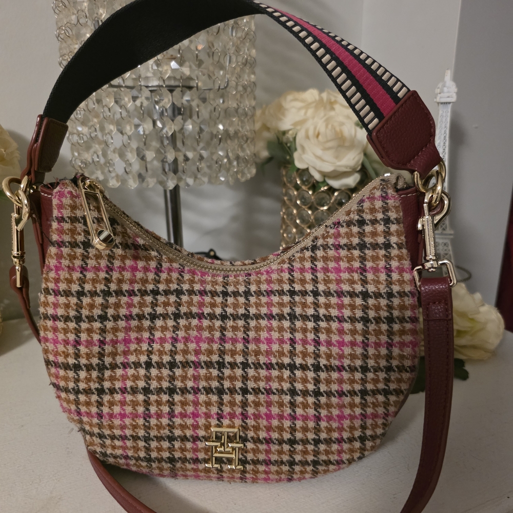 Tommy Hilfiger Pink and Brown Houndstooth Shoulder Bag